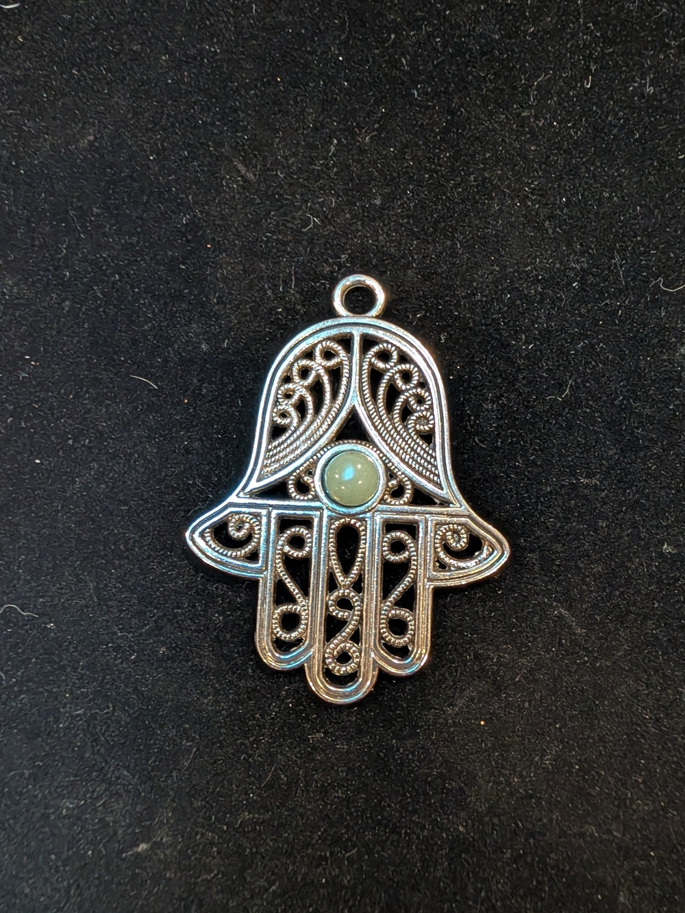 Silver Hamsa Hand Necklace Pendant with Light Blue Stone